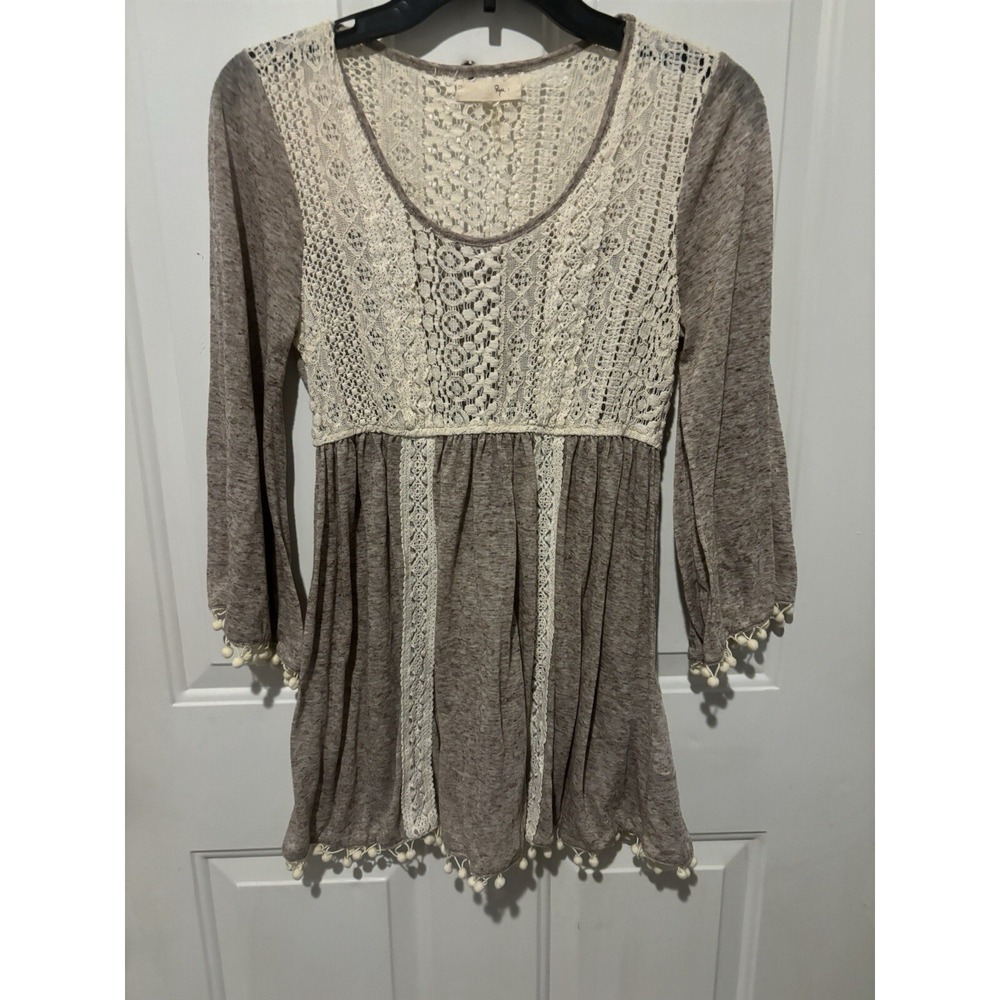 Anthropologie Blouse Women's Small Crochet Knit Lace Detail Boho Brown Top Rye